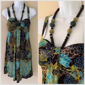 Vintage Dressbarn Y2K Halter Dress Beaded Necklace 4 Olive‎ Blue USA Maximalist